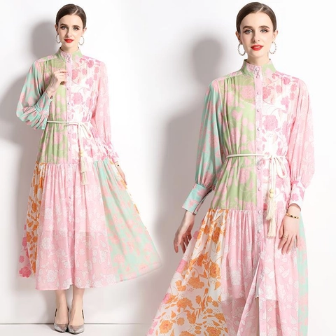 Retro Etnische Maxi Jurk Bloemenprint Chiffon Opstaande Kraag Lantaarnmouwen Patchwork Kwastjesriem Elegant Zomer Lange Jurk