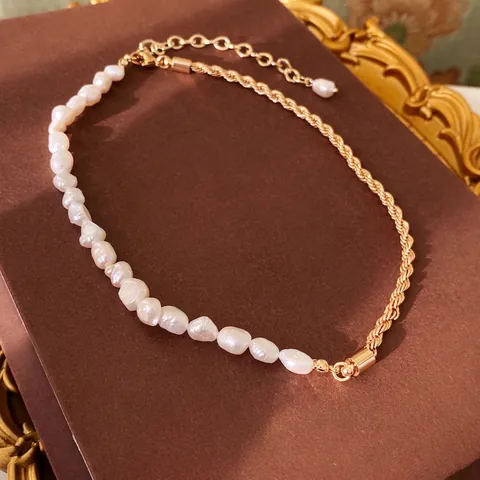 Collar Empalmado Con Perla Barroca Artificial De Agua Dulce Y Cadena De Aleación Trenzada Dorada Joyería Elegante Para Mujer