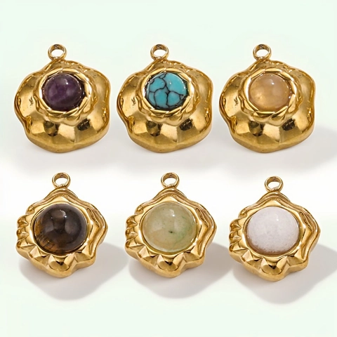 Ciondoli Fiore Vintage Pietre Naturali Intarsiate Acciaio Inossidabile Placcato Oro 18K Per Creazione Gioielli