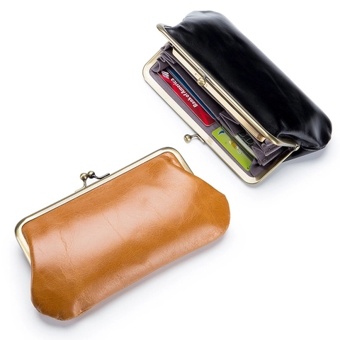 Vintage Kiss-Lock Long Wallet Women First Layer Oil Wax Cowhide Leather Large Capacity Clutch Bag Retro Multifunctional