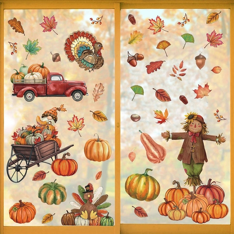 Thanksgiving Fall Window Stickers Static Cling PVC Pumpkin Maple Leaf Turkey Scarecrow Autumn Harvest Festival Decor Home