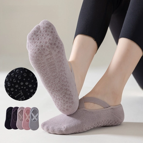 Dames Antislip Yoga Sokken Ademend Katoen Pilates Sokken Met Kruisbanden En Siliconen Grip Voor Fitness