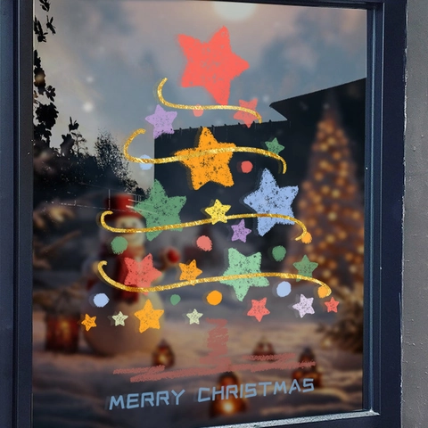 Christmas Window Stickers Static Cling PVC Colorful Star Christmas Tree Decals For Glass Door Showcase Holiday Decor