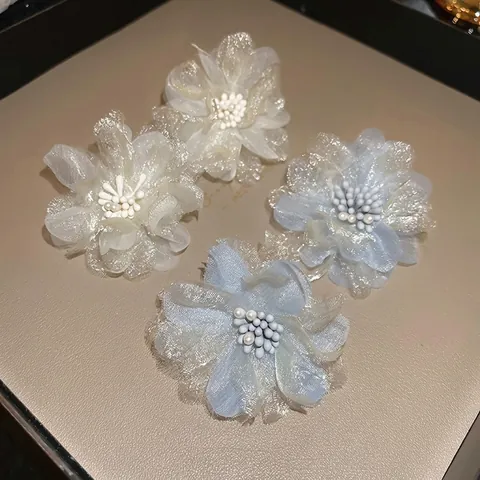 Pendientes De Botón De Flor Grande 3D Malla Capas Con 925 Sterling Silver Earring Post Acento De Perla Artificial Accesorio Dulce Elegante