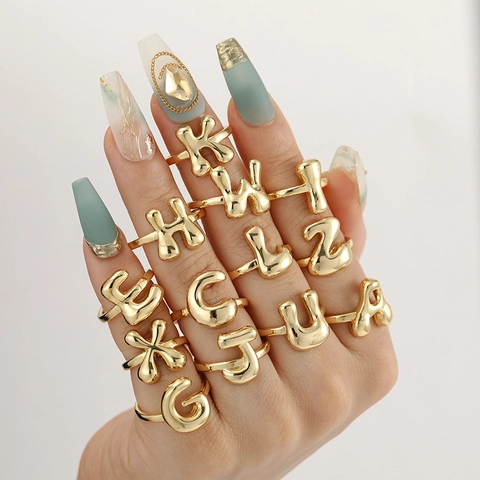 18K Gold Plated 26 Initial Alphabet Open Rings For Men Women Adjustable Hip Hop Glossy Balloon Style Metal Finger Ring