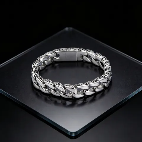 Bracelet Gourmette Homme Gravé Motif Floral Vintage Acier Inoxydable 316L Chaîne Lourde Style Hip Hop Streetwear
