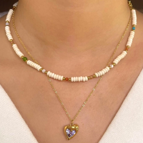 Collar en Capas de Acero Inoxidable 316L Chapado en Oro de 18K Colgante de Corazón Púrpura de Circonia Cadena de Cuentas Multicolor Joyería para Mujer
