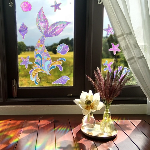 Holographic Mermaid Tail Sea Shell Starfish Window Stickers Static Cling PVC Glass Decals Rainbow Maker Suncatcher Home Decor