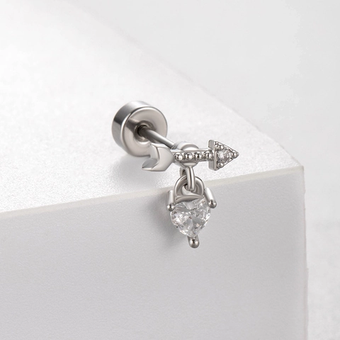 Titanium Steel Cartilage Stud Earrings Zircon Star Moon Butterfly Heart Arrow Design Silver Color Screw Back Piercing