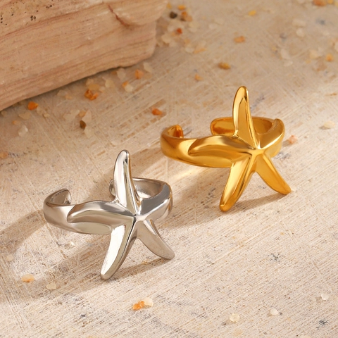 Seestern Verstellbarer Offener Ring Edelstahl Minimalistisch Ozean Sommer Strand Schmuck Damen Trendiger Klobiger Metallring