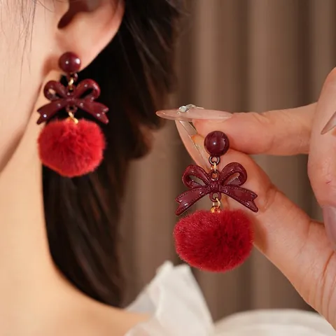 Orecchini Pendenti Con Pompon E Fiocco Con Perno In Argento Retro Inverno Palla Di Peluche Gioielli Da Donna