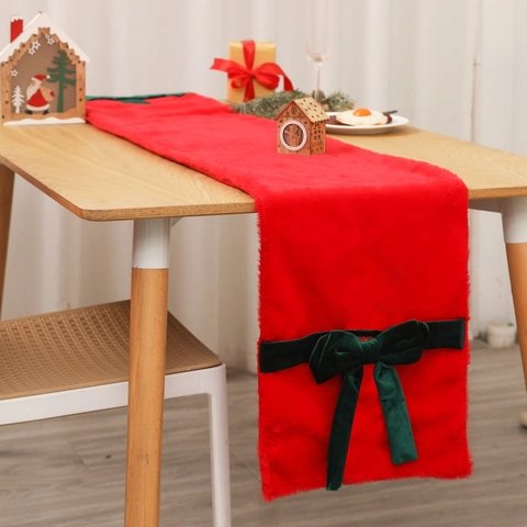 Ensemble Décoration Noël Peluche Chemin De Table Housse De Chaise Taie D'oreiller Velours Nœud Doux Festif Maison