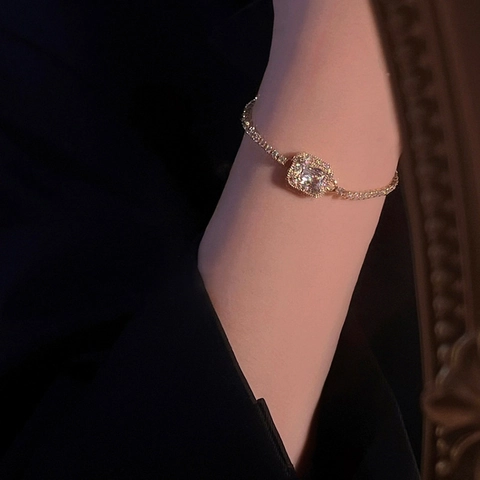 925 Sterling Silver Gold Plated Tennis Bracelet With Square Cubic Zirconia Halo Geometric Luxury Hand Jewelry For Women