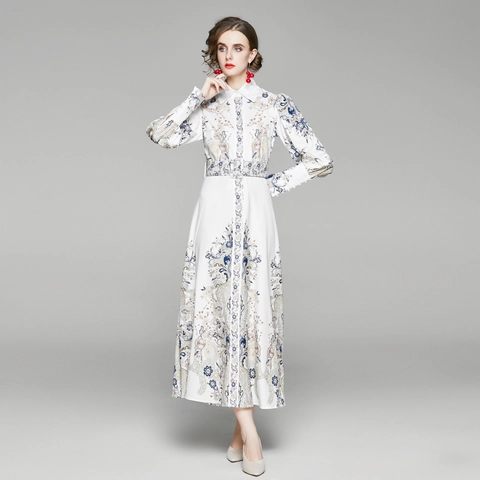 Maxi Jurk Retro Paisley Bloemenprint Chiffon Overhemdkraag Pofmouwen Met Riem Elegant Lange Jurk Voor Dames
