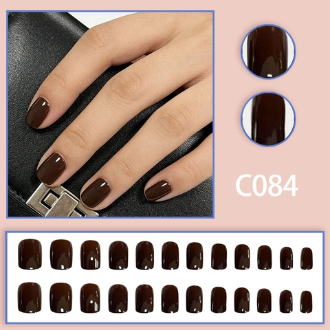 Dark Brown Press On Nails Glossy Short Square Round Full Cover False Nails For Women Daily Wear Simple Trendy