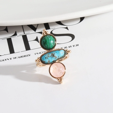 Vintage Bohemian Multi Stone Geometric Ring Gold Alloy Inlaid Natural Stone Faux Artificial Pearl Retro Finger Jewelry Women