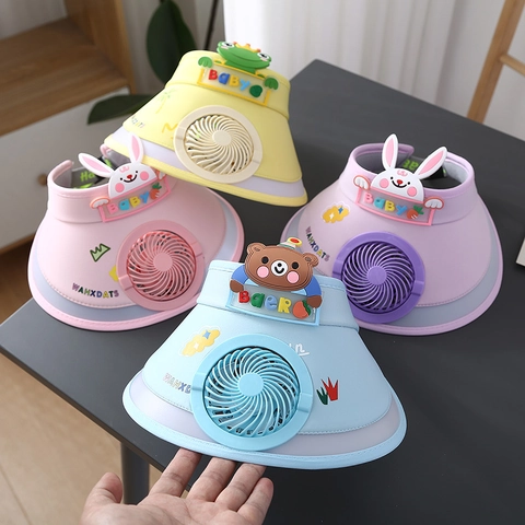 Children Summer Sun Hat With Built-In Cooling Fan Cartoon Animal Wide Brim Empty Top Cap Outdoor UV Protection Polyester Kids Cap