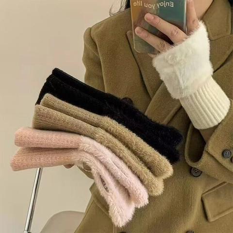 Women Fingerless Gloves Faux Mink Fur Knitted Winter Warm Soft Half Finger Arm Warmers Plush Elegant Fashion