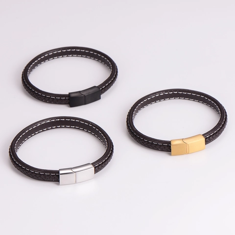 Pulsera De Cuero Trenzado Para Hombre Con Cierre Magnético De Acero Inoxidable Joyería De Muñeca De Moda