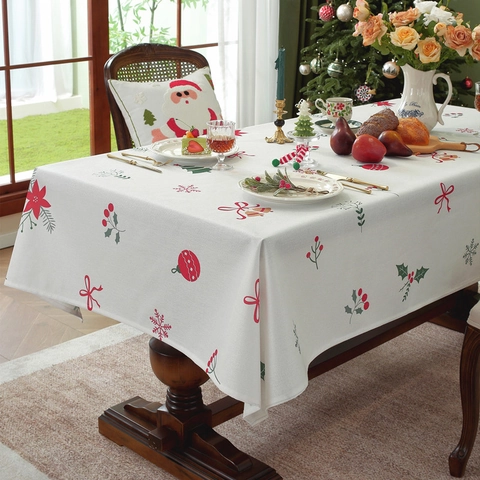 Nappe De Noël Rectangulaire Polyester Imperméable Festive Motif Renne Flocon De Neige Pour Décoration De Table De Fête