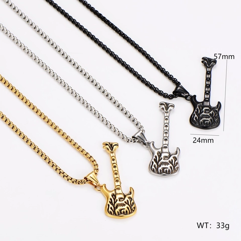 Gitaar Hanger Ketting 304 Roestvrij Staal Vlam Patroon Hip Hop Rock Persoonlijkheid Retro Mode Accessoire Voor Mannen