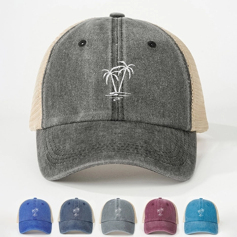 Cappello Trucker In Cotone Lavato Ricamo Palma Rete Posteriore Regolabile Traspirante Estivo All'aperto Per Uomini Donne