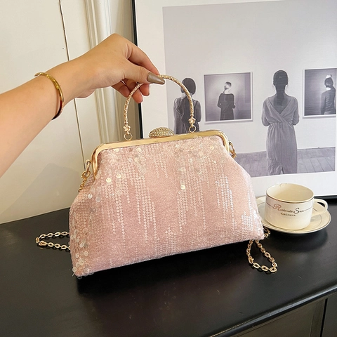 Elegant Women Sequin Evening Clutch Bag With Metal Handle And Rhinestone Clasp Small Square Banquet Party Shoulder Bag