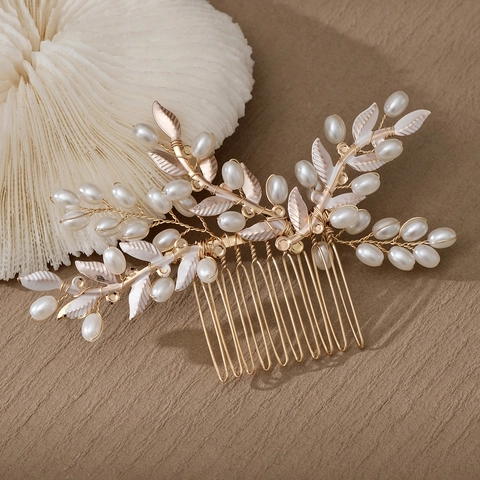 Peine De Pelo De Novia Aleación Hoja Perla Artificial Cristal Hecho A Mano Tocado De Boda Accesorios De Pelo Vintage Para Mujeres