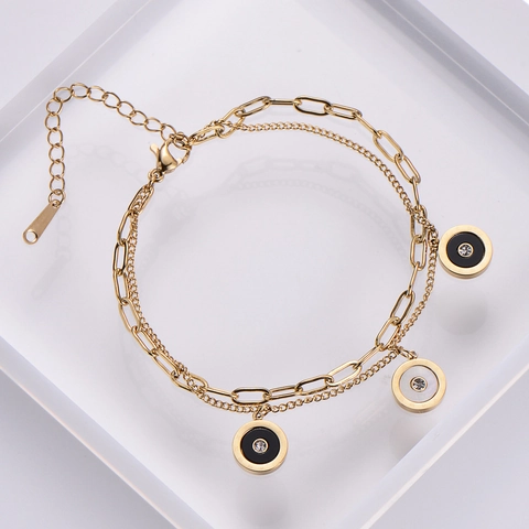 Double Layer Bracelet Women 18K Gold Plated Stainless Steel Roman Numeral Round Pendant Rhinestone Elegant Jewelry