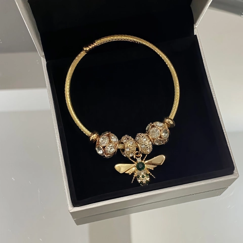 Stainless Steel Bee Rose Bangle Bracelet With Zircon Rhinestone Beaded Twisted Wire Adjustable Charm Jewelry For Women