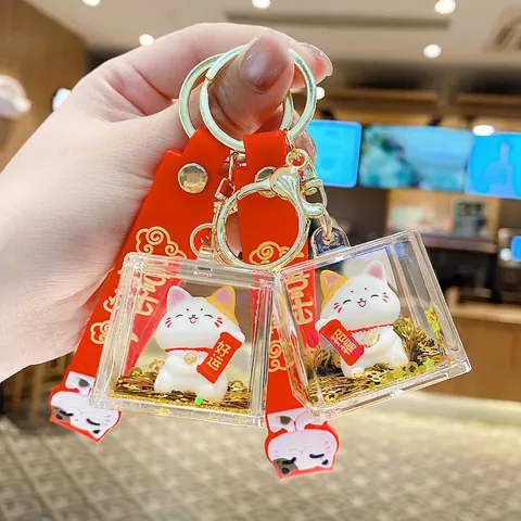 Porte-clés Chat De La Fortune Sable Mouvant Maneki-neko Cube Acrylique Paillettes Liquides Pendentif Sac Mascotte