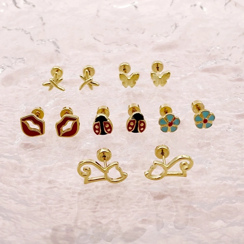 Stainless Steel Gold Plated Stud Earrings Minimalist Fashion Jewelry For Women Girls Flower Butterfly Heart Screw Back