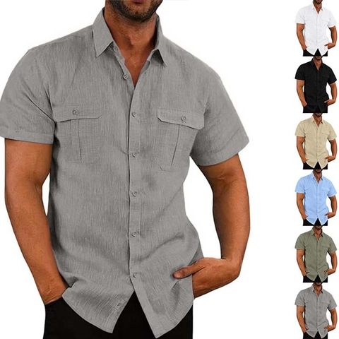 Men Short Sleeve Shirt Linen Blend Breathable Summer Casual Turn-down Collar Double Chest Pockets Loose Fit Top