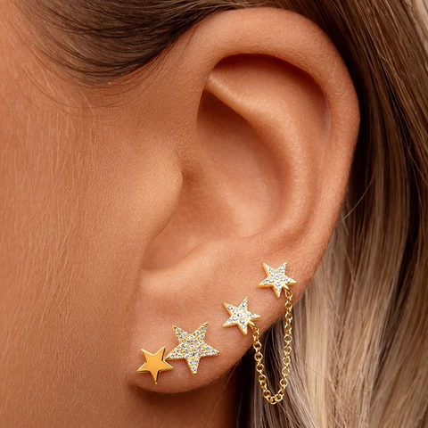 Fashion Copper Zirconia Star Stud Earrings For Women Elegant Gold Silver Geometric Pentagram Chain Link Jewelry Gift