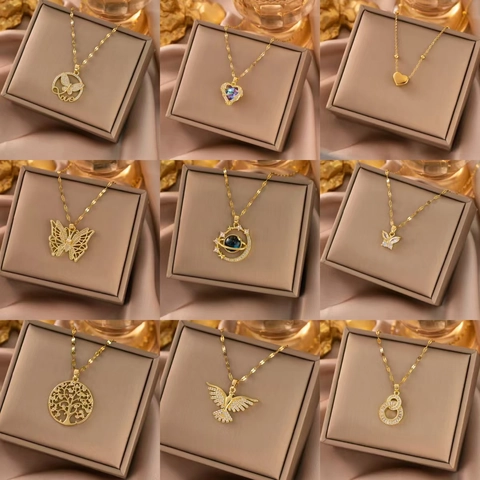 Stainless Steel Pendant Necklaces For Women 18K Gold Plated Zircon Butterfly Heart Evil Eye Sunflower Star Jewelry