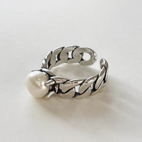 Anillo Aperto Con Perla Artificial In Argento Sterling 925 Retrò Per Donna Catena Cuban Link Regolabile Gioielli Stile Industriale Semplice