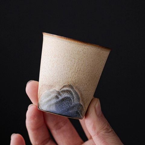 Ceramic Teacup Kiln Transformed Glaze Mountain Landscape Pattern Zen Style Stoneware Tasting Cup Drinkware