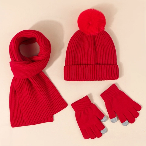Gorro De Punto Bufanda Larga Y Guantes Pantalla Táctil Accesorios De Invierno Térmicos Color Sólido Acrílico Suave Para Niños