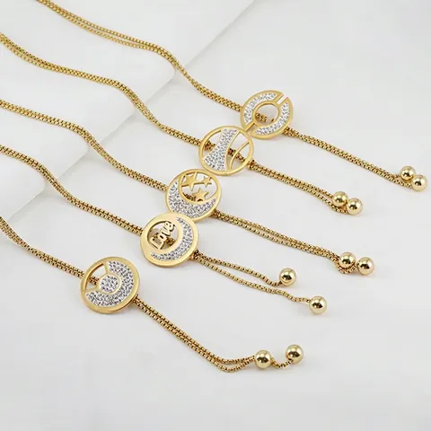 Collier Pendentif Rond Acier Inoxydable Incrusté De Strass Plaqué Or Longue Chaîne De Pull Bijoux Réglables Pour Femmes