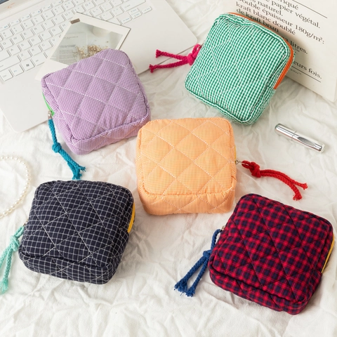 Quilted Plaid Sanitary Napkin Storage Bag Polyester Portable Travel Makeup Pouch Women Small Zipper Coin Purse Organize