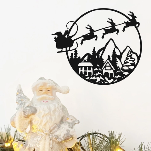 Weihnachts Runde Wandaufkleber Schwarz PVC Weihnachtsmann Schlitten Merry Christmas Schriftzug Dekoration Für Wohnzimmer Party