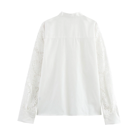 Dames Blouse Top Elegant Kant Patchwork Opstaande Kraag Lange Mouwen Halve Knoopsluiting Romantisch Zoet Wit Shirt