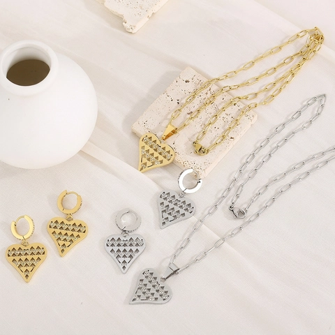 Gioielli In Acciaio Inossidabile A Forma Di Cuore Per Donna Collana E Orecchini Con Pendente A Cuore Vuoto E Intarsio Di Strass