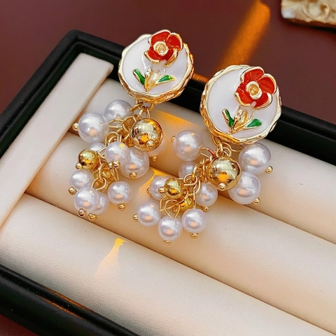 Pendientes Colgantes Esmalte Rosa Vintage Aleación Imitación Perla Artificial Racimo Estilo Corte Con Poste De Plata Para Mujeres