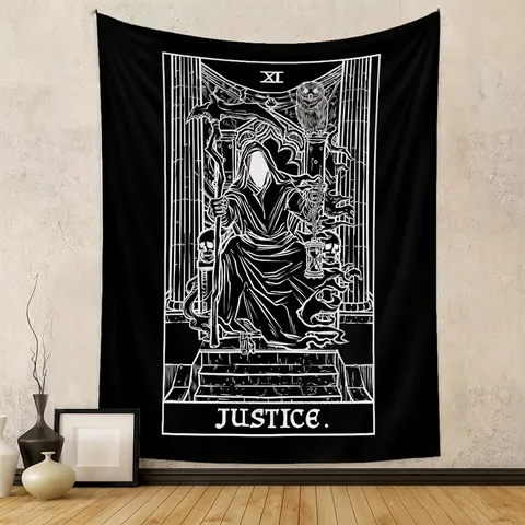 Tapiz Tarot Justicia XI Poliéster Negro Blanco Gótico Misterioso Colgante Pared Dormitorio Sala De Estar Arte Decoración