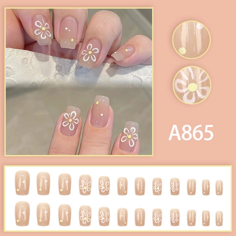 Square Press On Nails Short Nude Pink Hand Painted Daisy Flower Sweet INS Style False Nails For Women