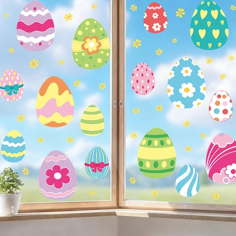Easter Egg Window Clings Colorful PVC Static Wall Stickers Decorative Cartoon Flower Decals For Home Glass Display