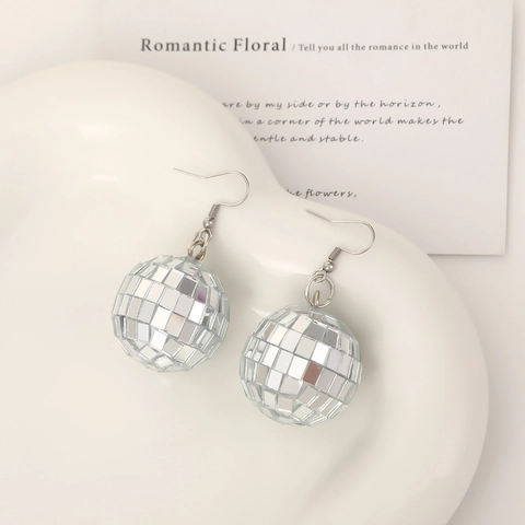 Disco Ball Dangle Earrings With Reflective Mirror Glass And Alloy Hooks For Christmas Party Retro Style