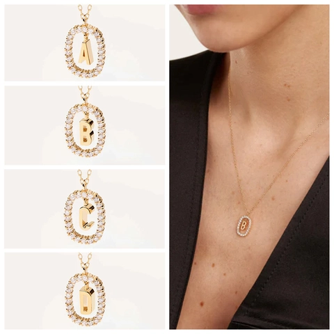 Collier Pendentif Lettre Initiale Cuivre Plaqué Or Ovale Strass Pavé Zircon Bijoux Délicats Pour Femmes