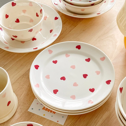 Service De Table En Céramique Motif Cœur Sous Glaçure Compatible Micro-Ondes Style Ins Crème Bol Assiette Tasse
